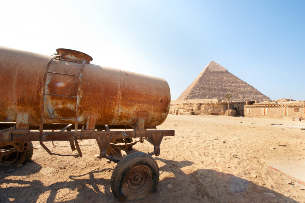 Giza pyramids and water tank, near Cairo, Egypt. IWMI/Hamish John Appleby