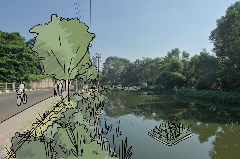 Drawing of Kinda Canal edged with plants rather than remaining entirely channelized with embankments. Plants slow stormwater flows, allowing sediment and pollutants to settle before being treated. This intervention creates vital new public space. Floating wetlands, as illustrated in the canal, also improve the environment. Laura Keil / IWMI.