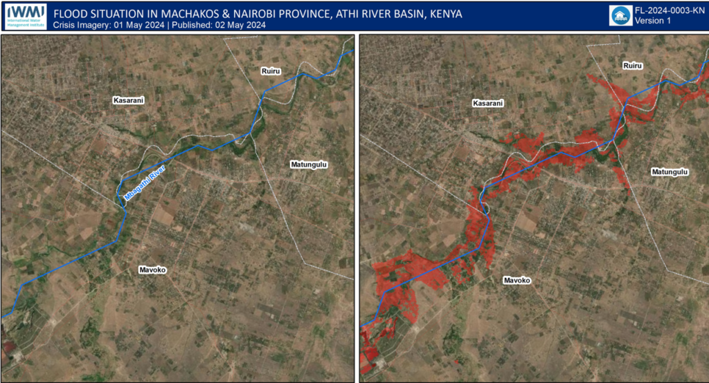 The red color denotes the flooded area which has predominantly impacted crop lands. ClimBeR Initiative / IWMI