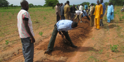 Farmers constructing a contour ridge to help water management at farm level in southern Mali. Photo: Birhanu Zemadim / IWMI